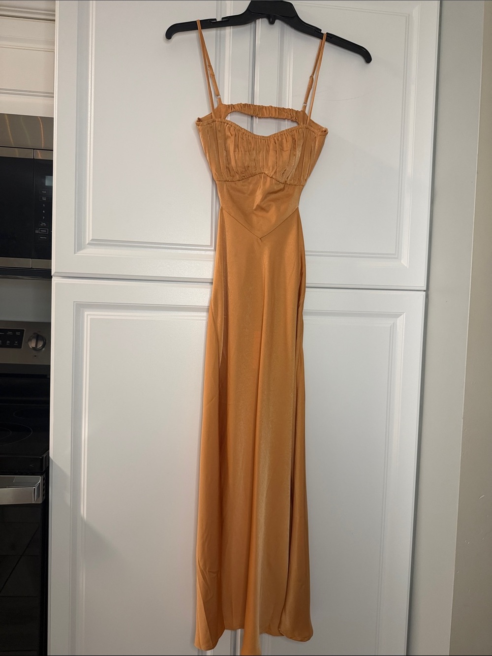 Spaghetti-Strap Satin Maxi Dress in Mustard Gold